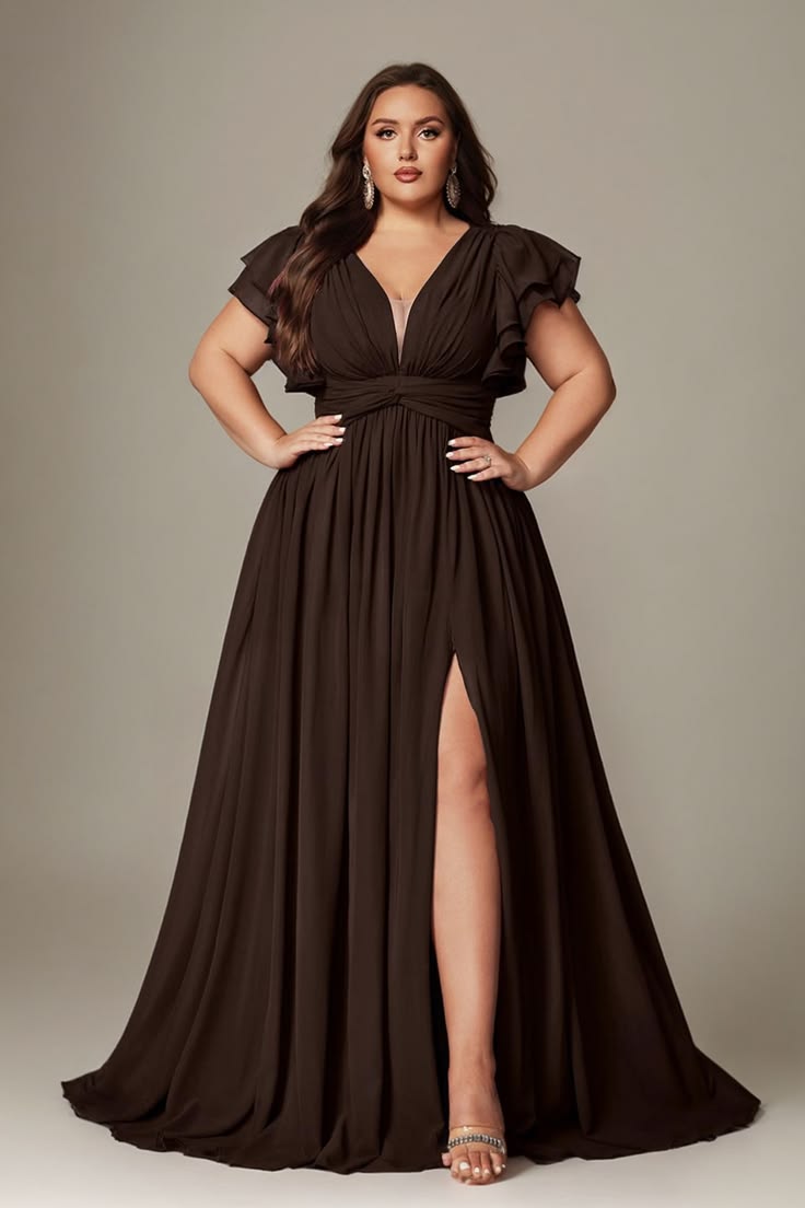 Brown Curveins Plus Size V Neck Ruffle Sleeve Split A Line Maxi Dress
