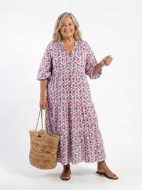 Clementine – Geometric Print Long Sleeve Tiered Midi Dress