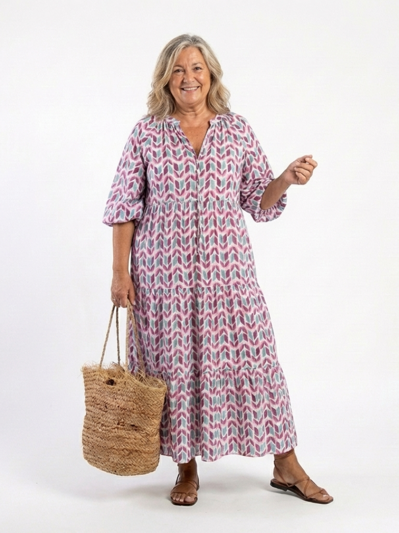 Clementine – Geometric Print Long Sleeve Tiered Midi Dress