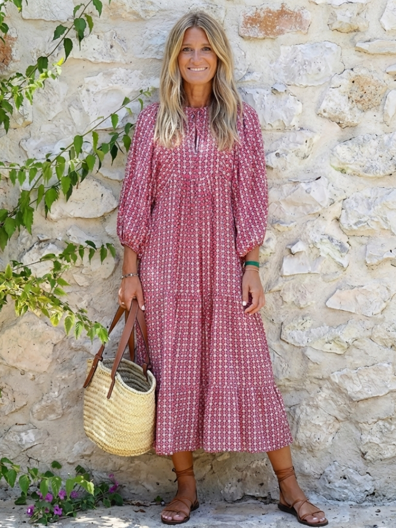 Alfiea – Geometric Print Long Sleeve Midi Dress