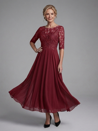 Birdie - Midi Dress with Lace Body and Sheer Sleeves