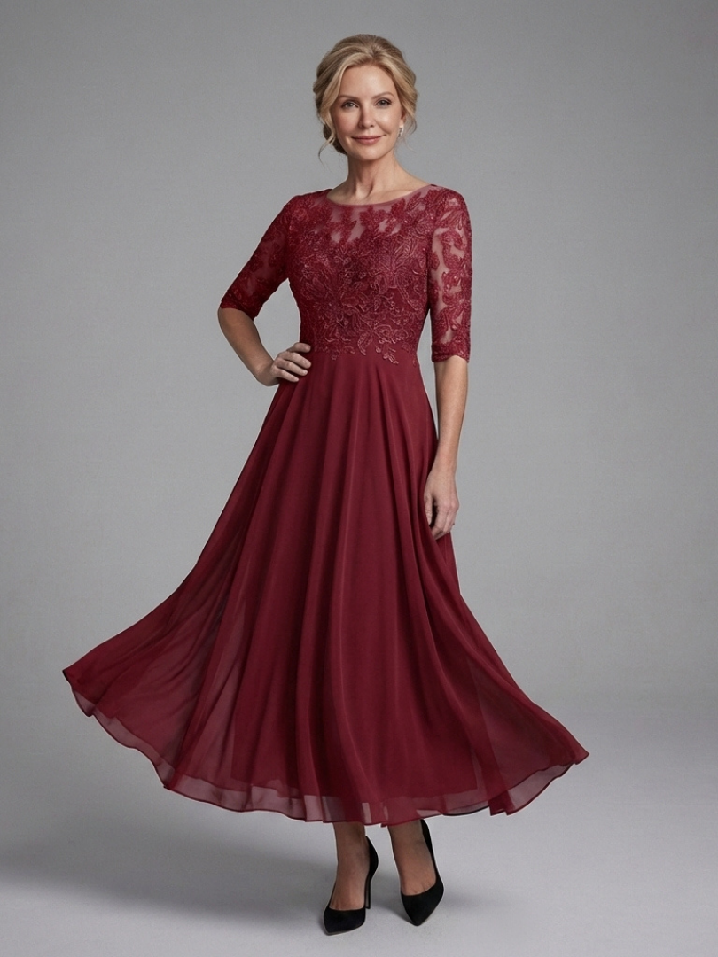 Birdie - Midi Dress with Lace Body and Sheer Sleeves