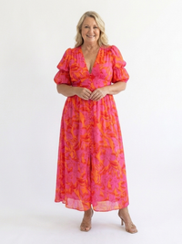 Robyn – Floral V-Neck Midi Dress with Puff Sleeves