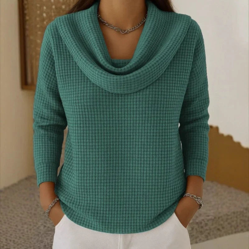 Karen  Warm Waffle Knit Sweater With Elegant Cowl Neck Green