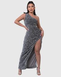 Lillian | Luxe One-Shoulder Evening Dress Gray