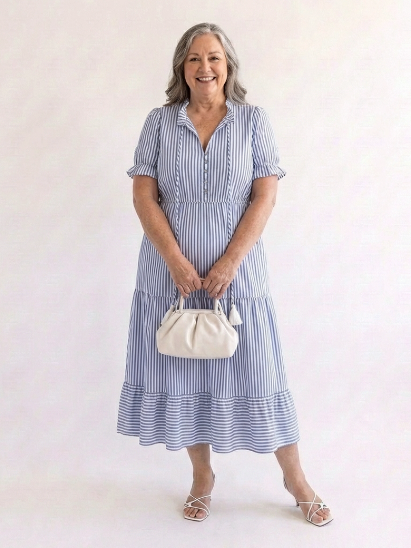 Verity – Short Sleeve Striped Tiered Midi Dress