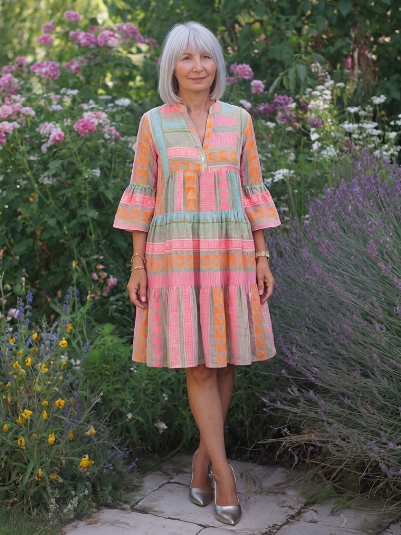 Tilly – Geometric Print V-Neck Tiered Knee-Length Dress