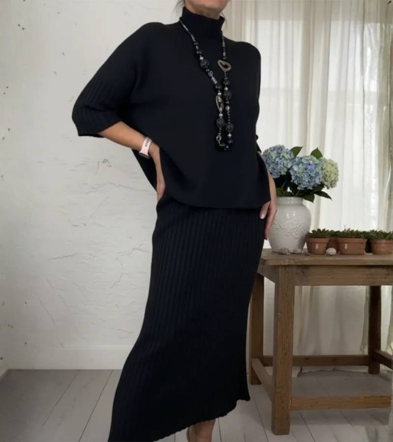 Aisha – Knitted Two-Piece Set with Ribbed Midi Skirt