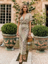 Saffron – Abstract Print V-Neck Wrap Waist Midi Dress