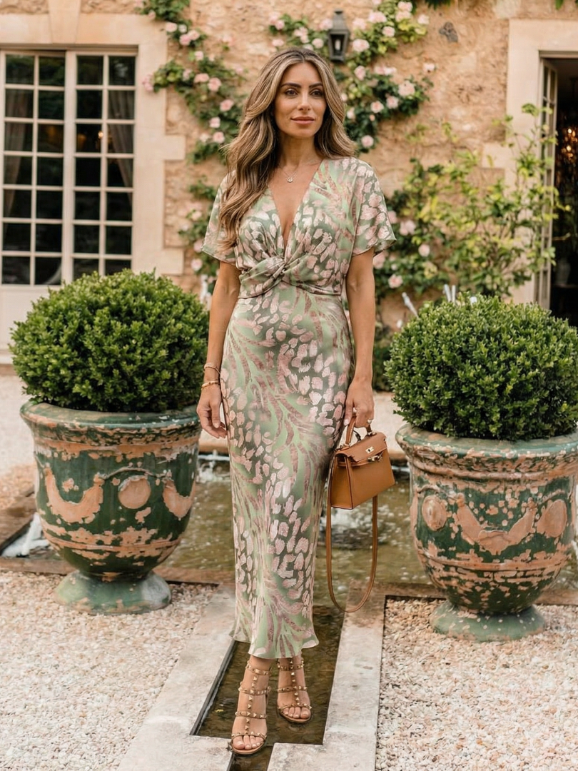 Saffron – Abstract Print V-Neck Wrap Waist Midi Dress
