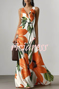 Floral Print V-neck Sleeveless Fitted Waist Vacation Maxi Dress