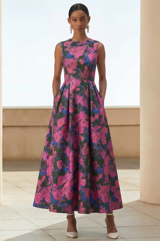 Fuchsia Flower Long A Line Round Neck Wedding Guest Dress Fuchsia
