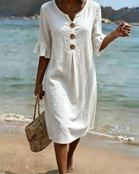 Mila - Ruffle Sleeve Denim A-Line Dress with Button Detail