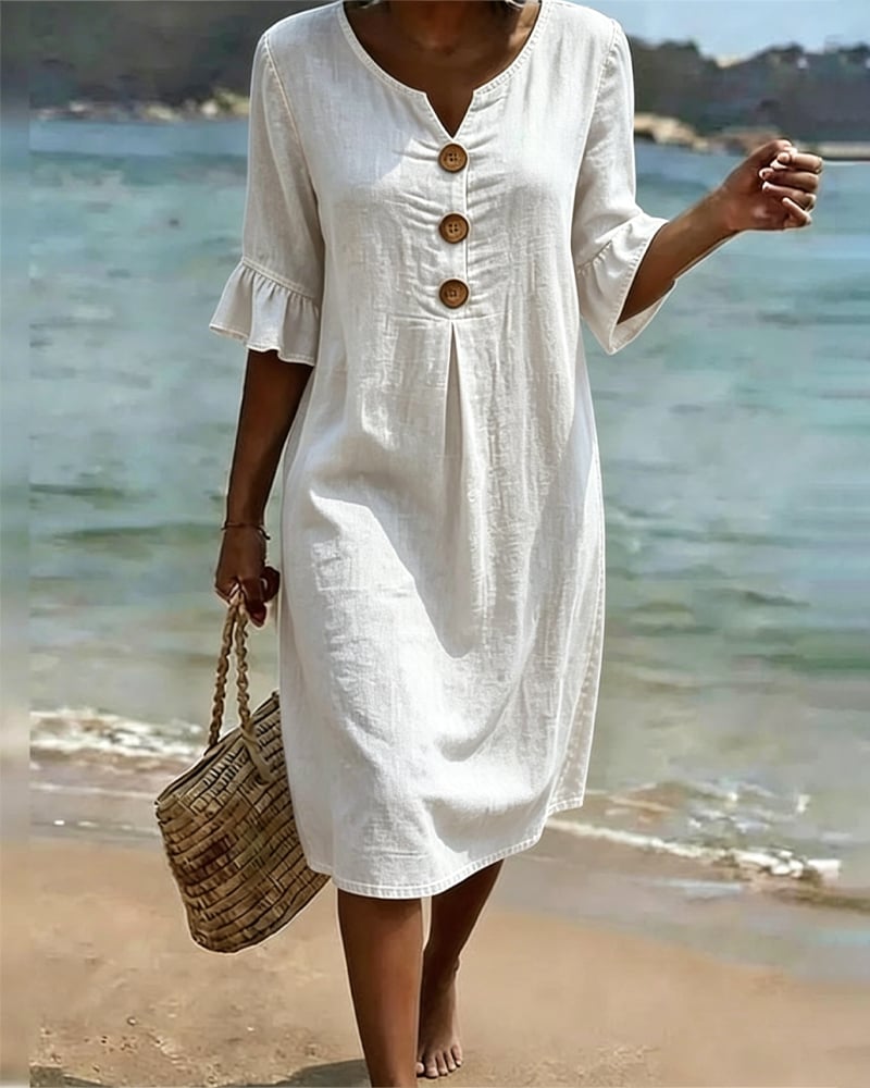 Mila - Ruffle Sleeve Denim A-Line Dress with Button Detail