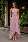Long, Lightweight Chiffon Dress With Ruffle Decoration And Pleats