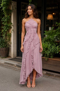 Long, Lightweight Chiffon Dress With Ruffle Decoration And Pleats