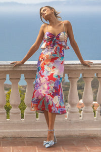 Augustina Red Multi Floral Satin Ruffled Midi Dress