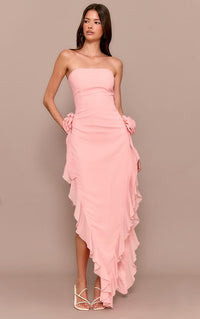 Blush PrettyLittleThing Floral Bandeau Corsage Frill Detail Midaxi
