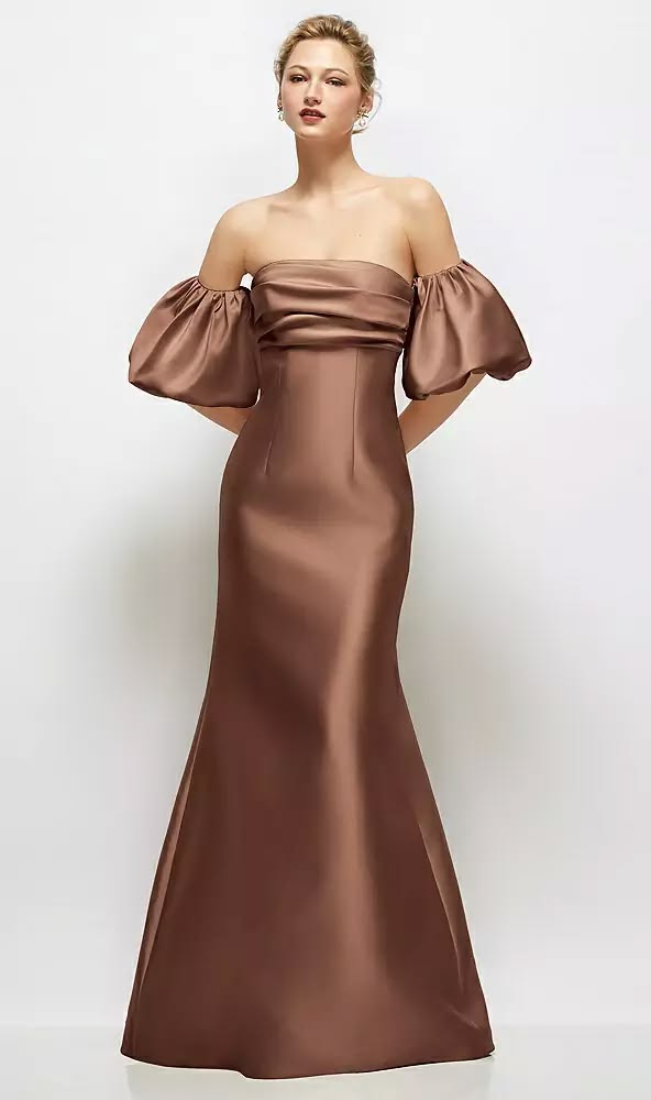 Off The Shoulder Puff Sleeve Satin Maxi Dress With Flared Skirt