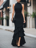 High Neck Asymmetric Ruffle Hem Maxi Dress Black M(8 10)