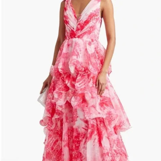 Marchesa Dress Marchesa Notte Pink Tiered Printed Chiffon Gown Color: