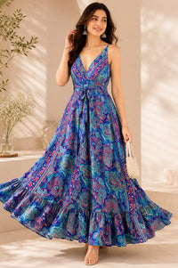 Blue Paisley Maxi Dress Boho Summer Resort Wear, Kasturi Fabric