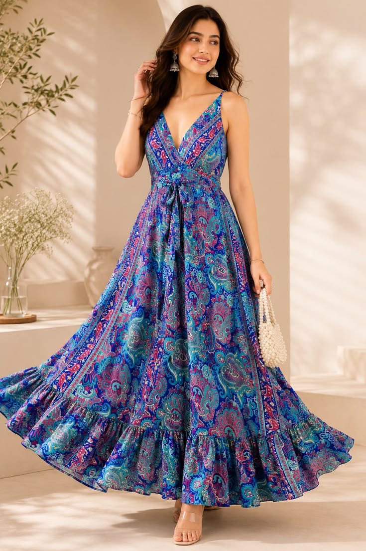 Blue Paisley Maxi Dress Boho Summer Resort Wear, Kasturi Fabric