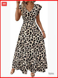 Leopard Print Maxi Dress V Neck Cap Sleeve A Line Cinched Waist Color: