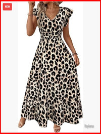 Leopard Print Maxi Dress V Neck Cap Sleeve A Line Cinched Waist Color: