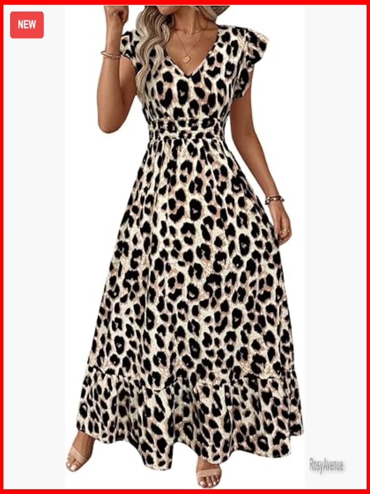 Leopard Print Maxi Dress V Neck Cap Sleeve A Line Cinched Waist Color: