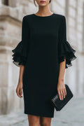 Solid Color Round Neck Ruffle Sleeve Elegant Mini Dress