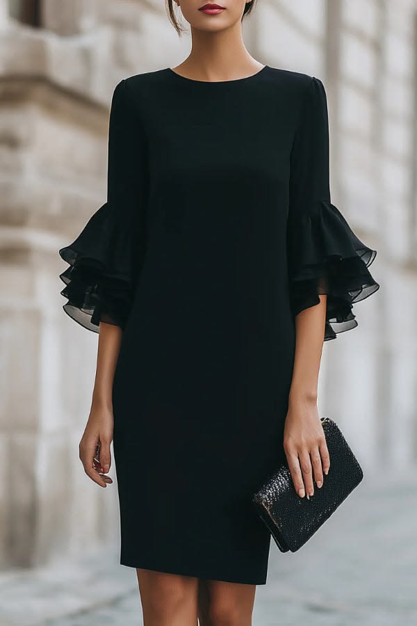 Solid Color Round Neck Ruffle Sleeve Elegant Mini Dress