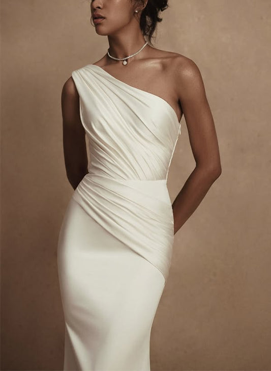 Missacc Ivory Bride A Line One Shoulder Sleeveless Detachable Matte