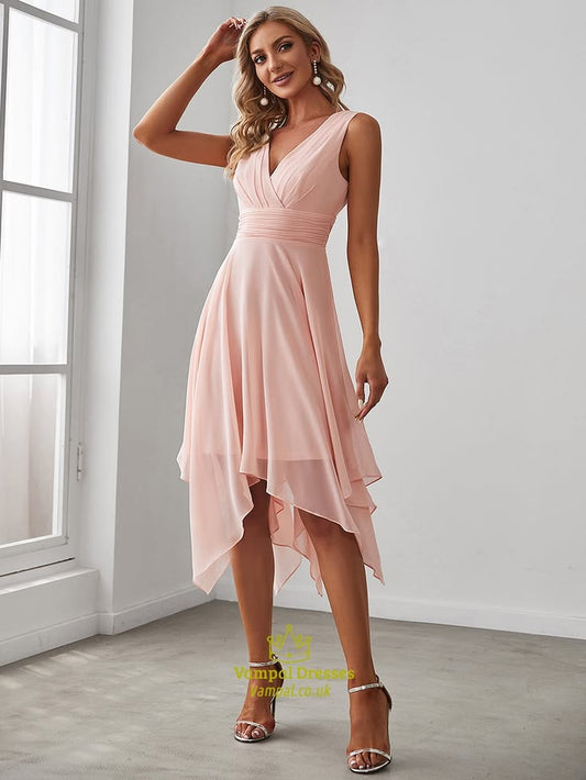 Pink Bridesmaid Dress Wholesale Knee Length Chiffon With Irregular Hem