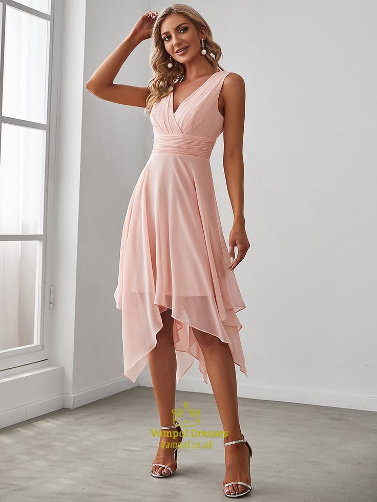 Pink Bridesmaid Dress Wholesale Knee Length Chiffon With Irregular Hem