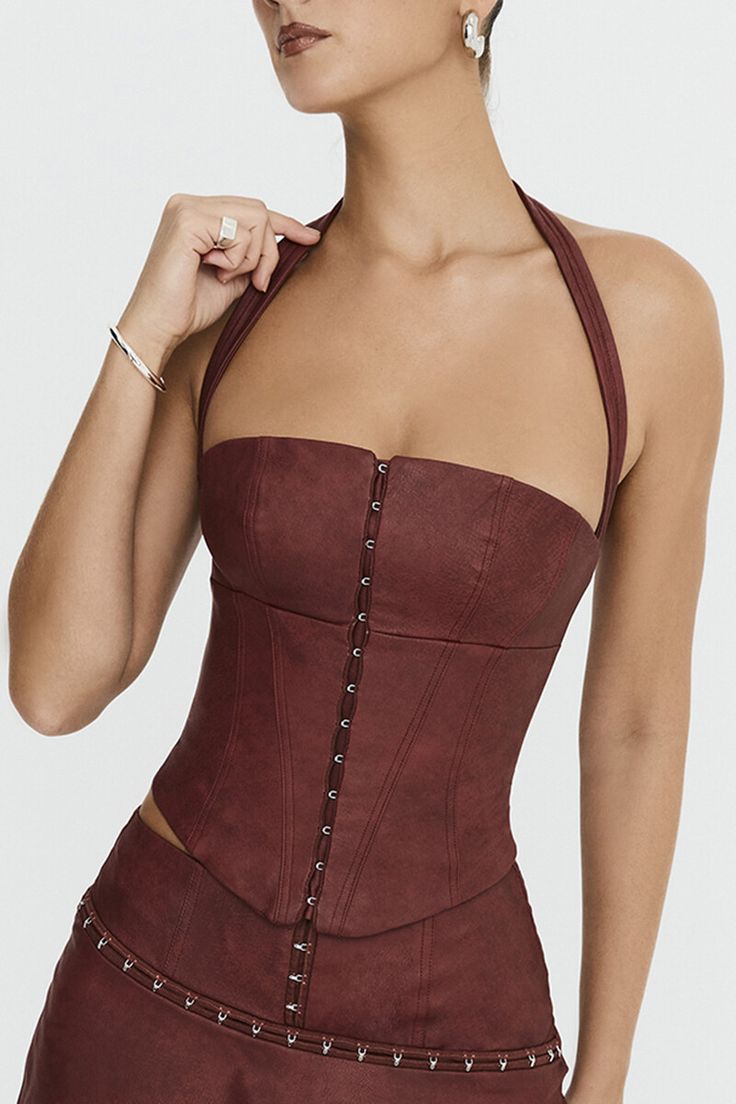 Clothing: Tops: Dark Cherry Vegan Leather Halter Corset Top Dress