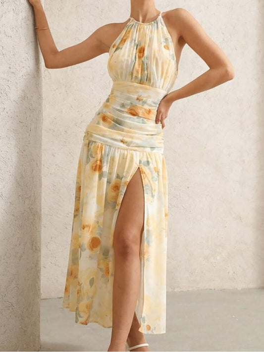 Yellow Floral Halter Maxi Dress With Side Slit *New Without Tags*