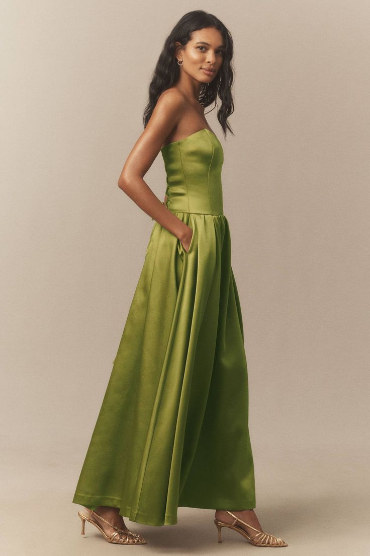 Miley Strapless Drop Waist High Shine Satin Maxi Dress
