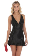 Satin V Neck Open Back Dress In Black