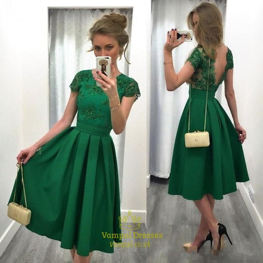 Emerald Green Cap Sleeve Backless Tea Length Homecoming Dress Sku