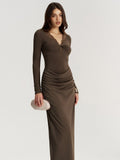 Twisted Lace V Neck Ruched Maxi Dress