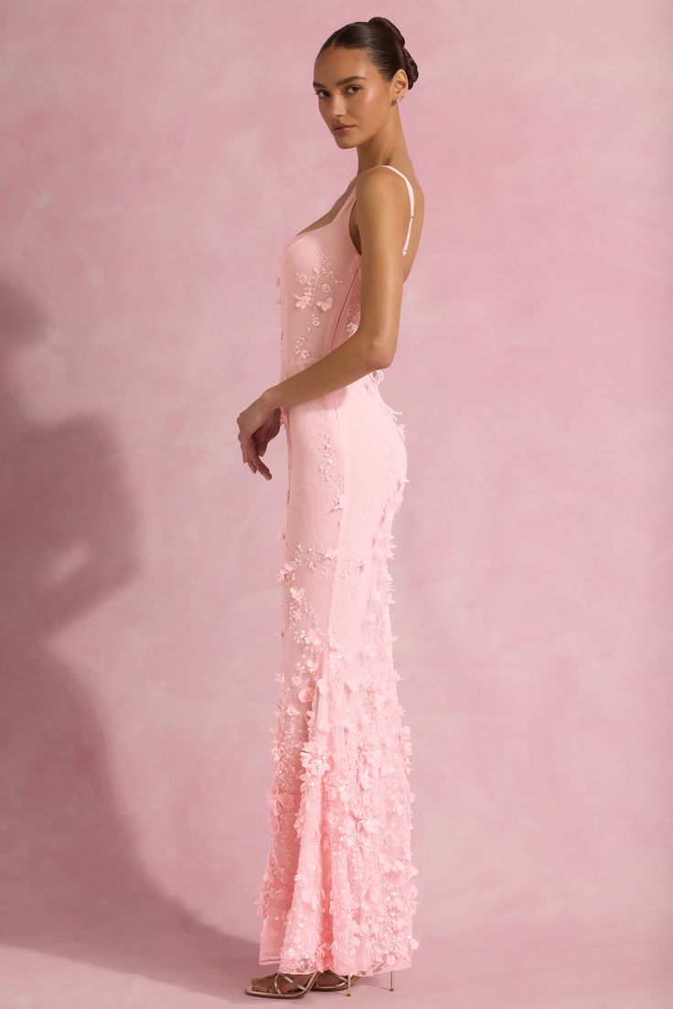 Embellished Applique Soft Scoop Corset Gown In Pink
