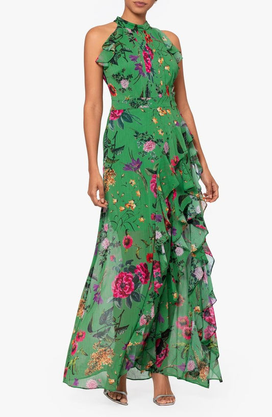 Floral Print Metallic Ruffle Chiffon Gown