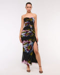 Women's Strapless Ruched Mesh Maxi Dress in Black Floral