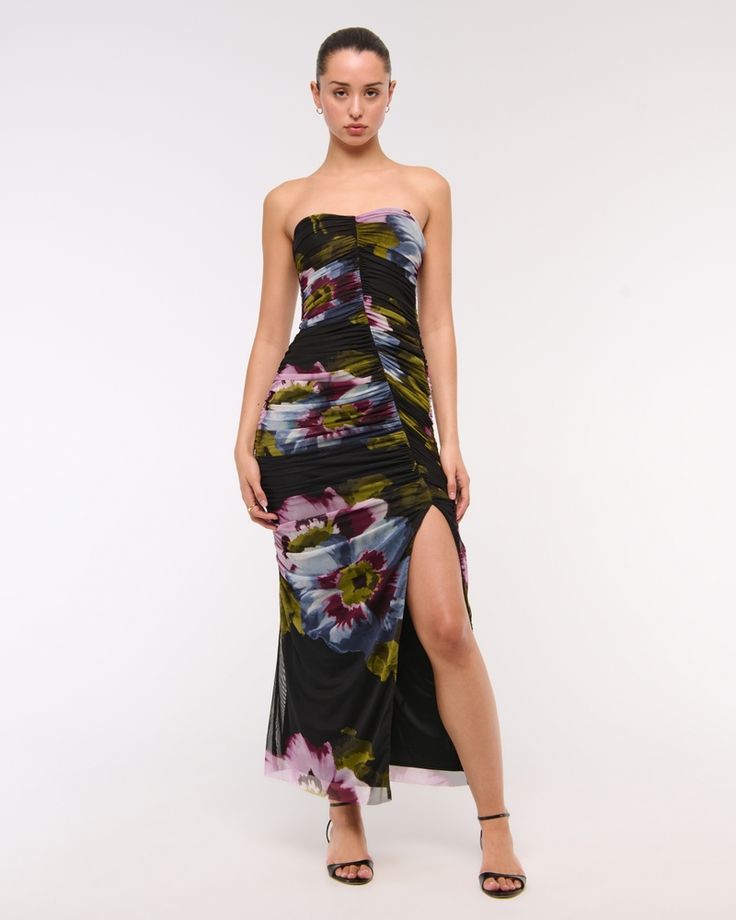 Women's Strapless Ruched Mesh Maxi Dress in Black Floral