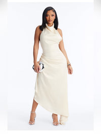 Sleeveless Cream Draped Halter Evening Dress Color: Cream Size: Xl