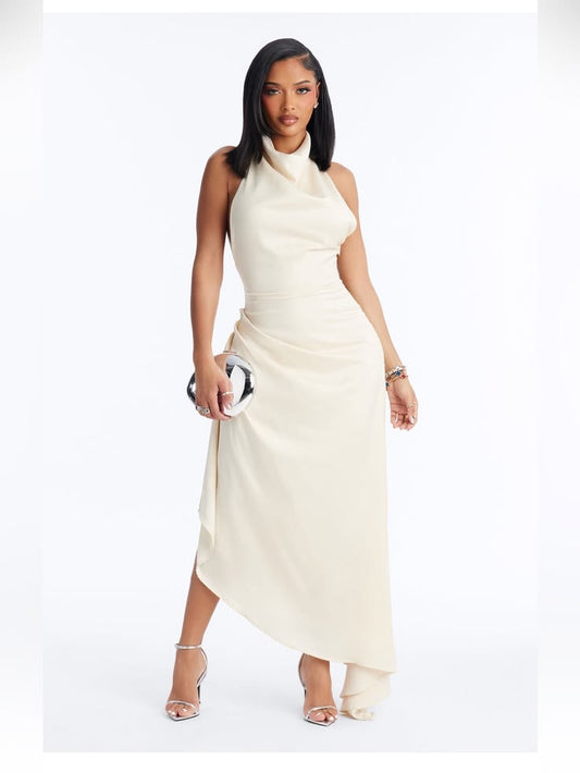 Sleeveless Cream Draped Halter Evening Dress Color: Cream Size: Xl