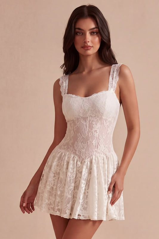 Floral White Thick Straps Lace Short A Line Graduation Dress White
