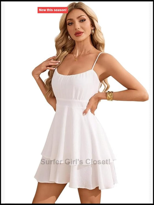 Sleeveless Ruffle Mini Dress With Bow Back A Line Spaghetti Strap