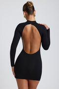 Yara Open Back Long Sleeve Mini Dress In Black